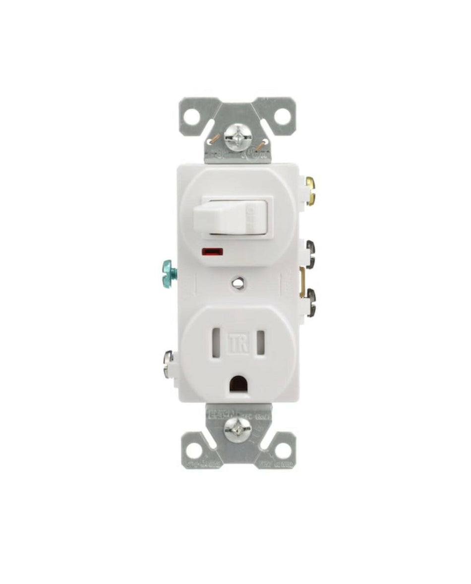 Tomacorriente con interruptor dúplex residencial/comercial resistente a manipulaciones, 15 amperios y 125 voltios, blanco