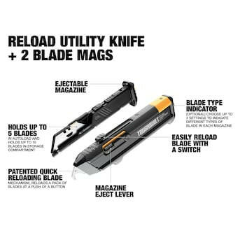 Cuchillo utilitario TOUGHBUILT Reload con 2 cargadores Cuchillo utilitario retráctil de 10 hojas de 3/4 pulgadas con almacenamiento de hojas para herramientas