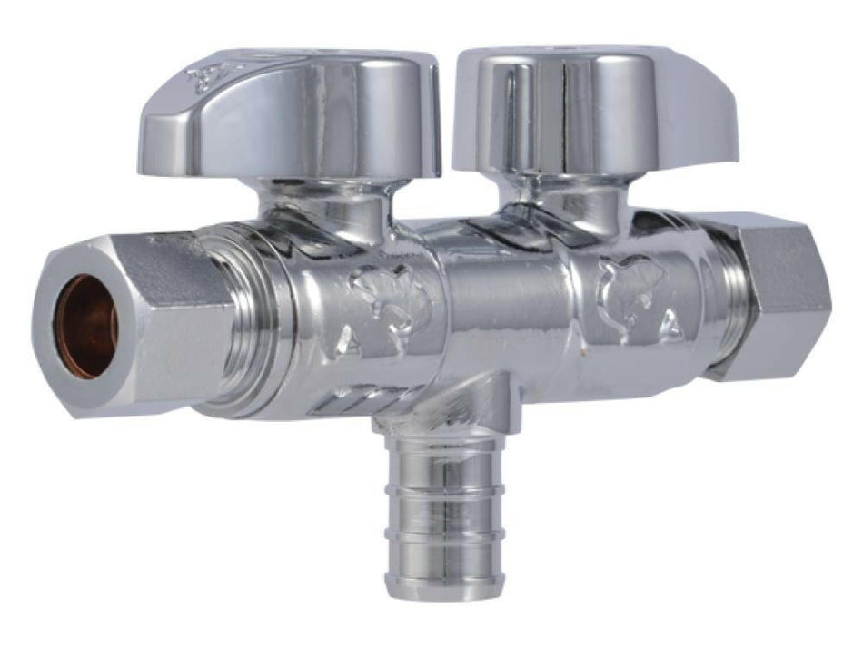 SharkBite 1/2 in. x 3/8 in. x 3/8 in. Brass Crimp Dual Shut-off Valve