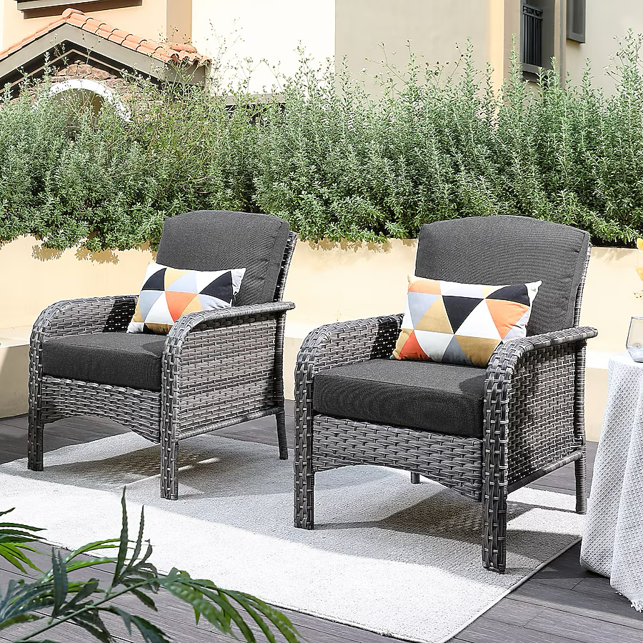 Ovios Set of 2 Wicker Black Metal Frame Stationary Conversation Chair with Black Cushioned Seat