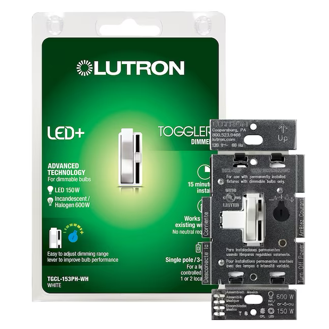 Lutron Toggler - Interruptor de atenuación de luz LED unipolar/3 vías, color blanco