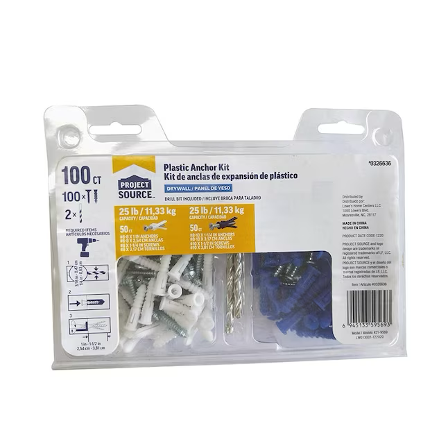 Project Source Anclajes para paneles de yeso de 25 libras de diámetro variado x longitud variada con tornillos incluidos (paquete de 100)