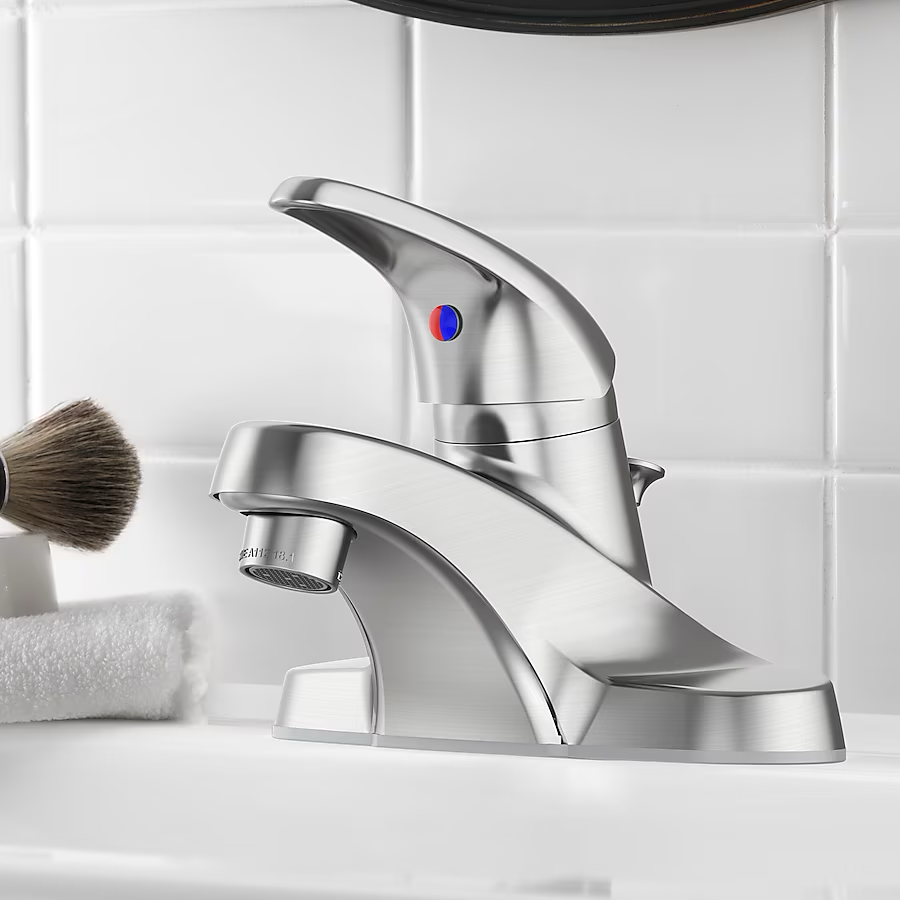 Project Source Webber gebürstetes Nickel 4-Zoll-Einhebel-Wasserhahn für Badwaschbecken, WaterSense-zertifiziert, niedriger Bogen, für den Hausgebrauch, mit Abfluss und Abdeckblende