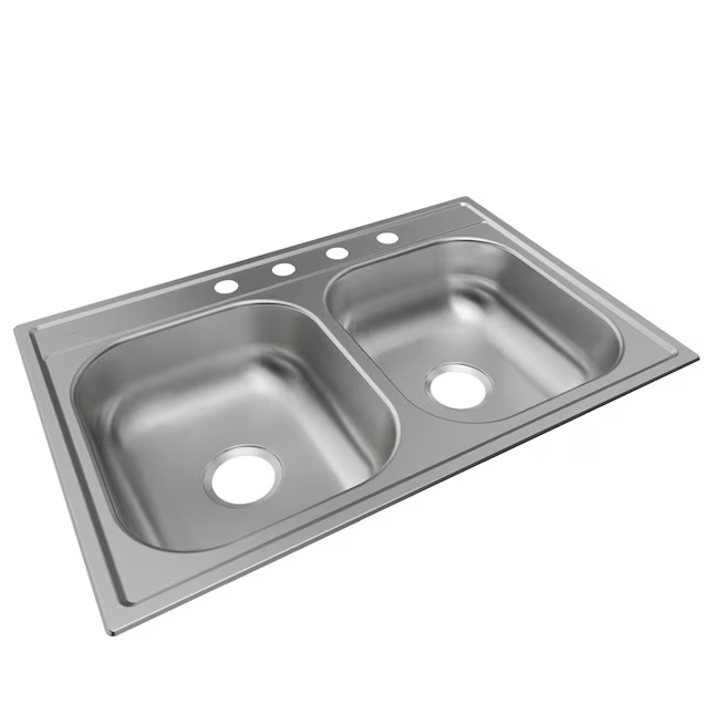 Elkay Dayton Fregadero de cocina empotrable de 33 x 22 pulgadas de acero inoxidable con doble tazón igual y 4 orificios