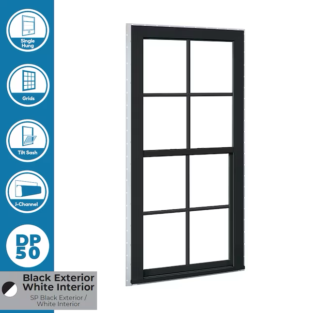 RELIABILT Serie 150 Nueva construcción 31-1/2 pulgadas x 35-1/2 pulgadas x 3-1/4 pulgadas Jamba Ventana de vinilo negro de baja emisividad de una sola hoja con rejillas Media pantalla incluida