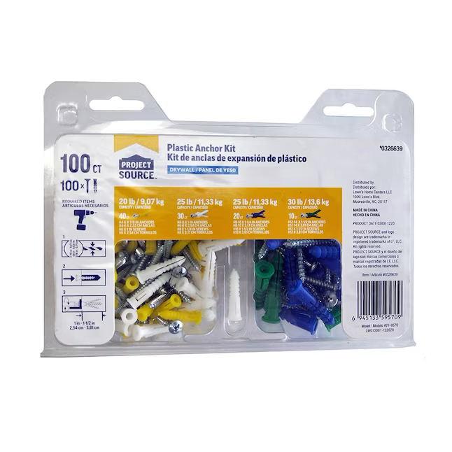 Project Source Anclajes para paneles de yeso de 20 lb, 1/4 x 1-1/2 pulgadas con tornillos incluidos (paquete de 100)