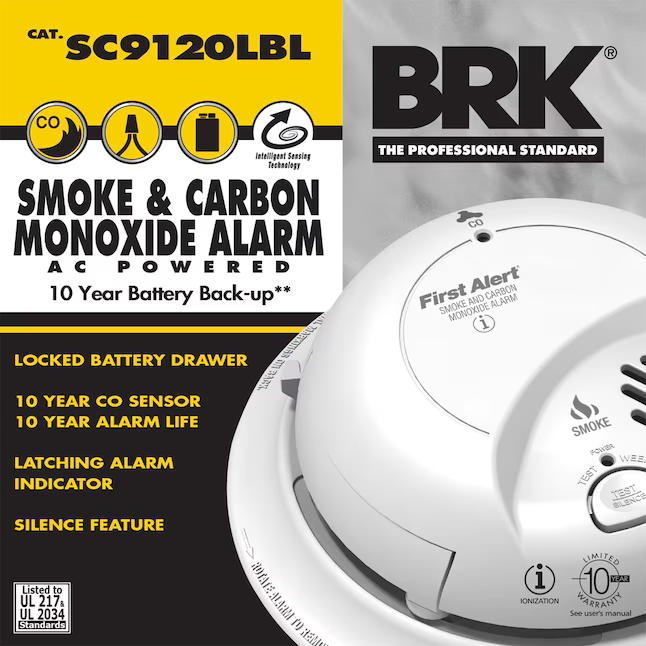 Detector combinado de humo y monóxido de carbono cableado con batería de 10 años First Alert Brk