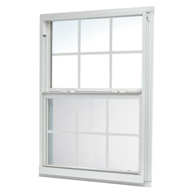 RELIABILT Serie 46000 Nueva construcción Ventana de guillotina de baja emisividad de aluminio blanco de 31-1/2 x 35-1/2 x 2-5/8 pulgadas con rejillas y media pantalla incluida