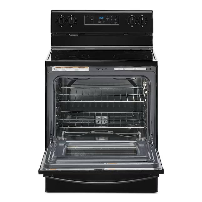 Whirlpool Cocina eléctrica independiente de 30 pulgadas con tapa de vidrio, 4 quemadores y 5.3 pies cúbicos (negra)