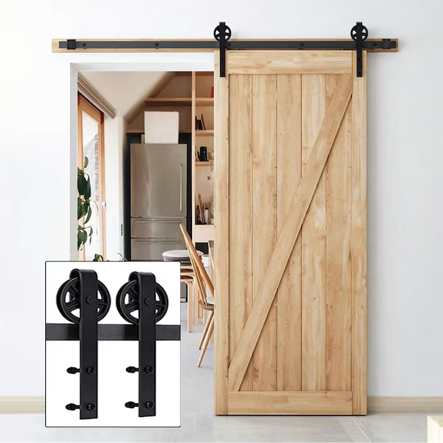RELIABILT Kit de herrajes para puerta de granero con rueda de carro para interior, color negro mate, 78 pulgadas