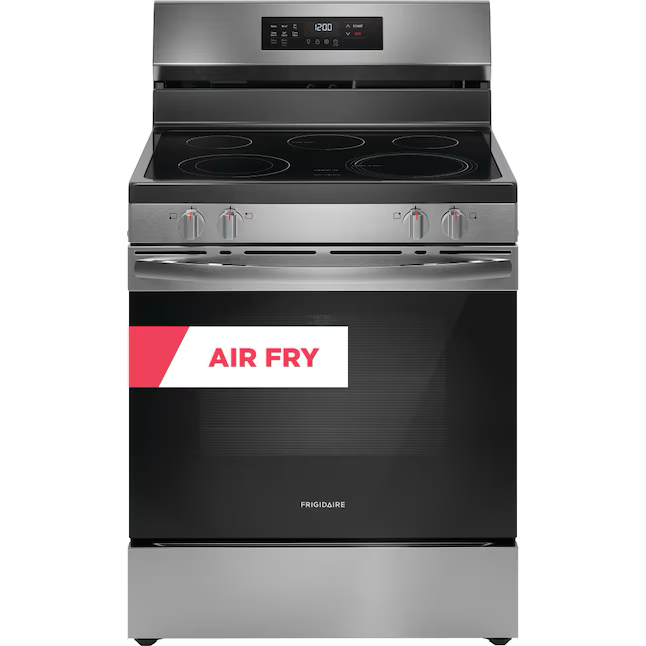 Frigidaire Cocina eléctrica independiente con tapa de vidrio de 30 pulgadas, 5 quemadores, 5.3 pies cúbicos, freidora de aire autolimpiante (acero inoxidable)