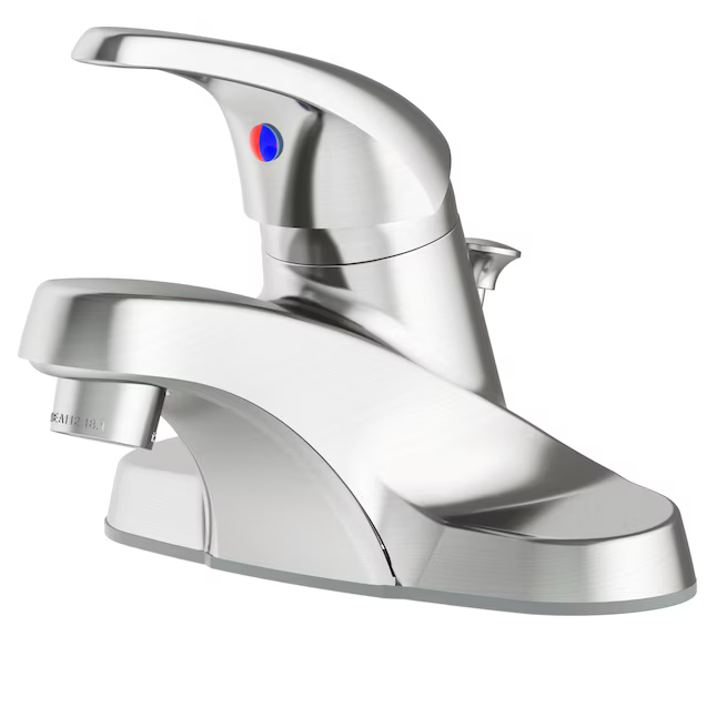 Project Source Webber gebürstetes Nickel 4-Zoll-Einhebel-Wasserhahn für Badwaschbecken, WaterSense-zertifiziert, niedriger Bogen, für den Hausgebrauch, mit Abfluss und Abdeckblende