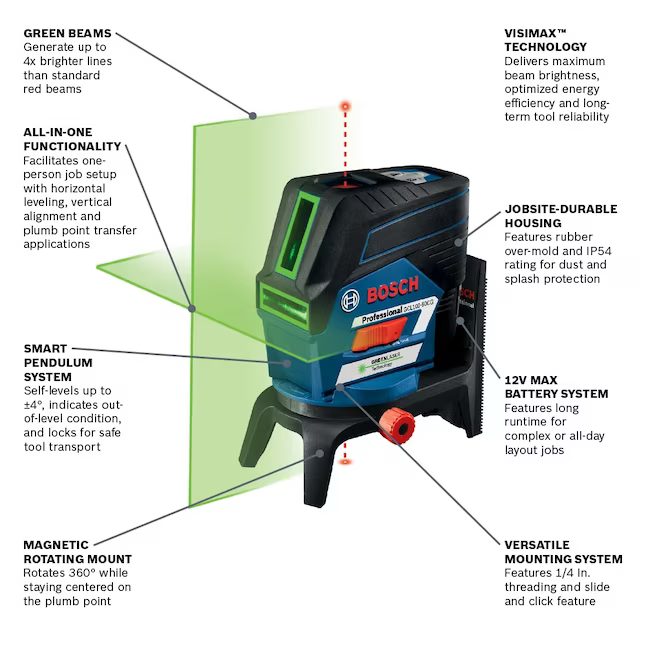 Nivel láser de líneas cruzadas autonivelante para interiores y exteriores Bosch, color verde, 165 pies