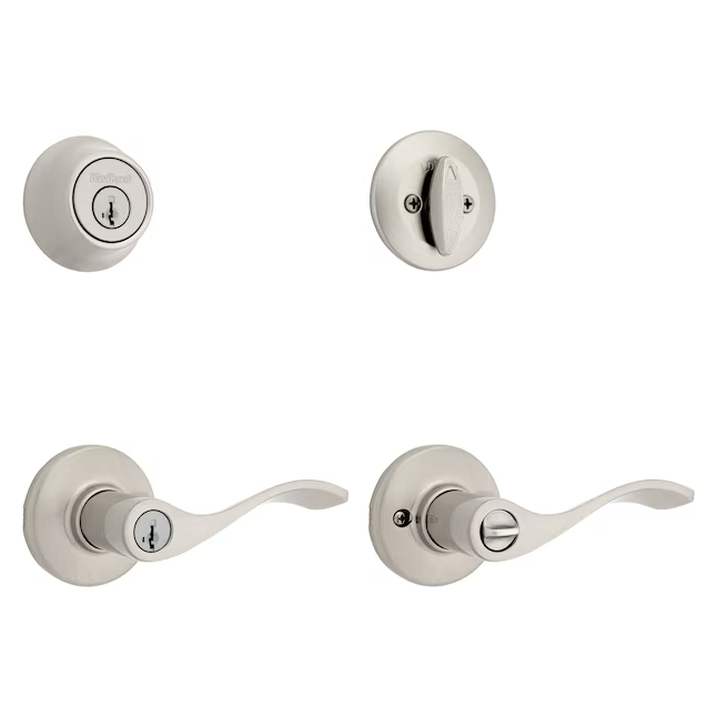 Manija de puerta de entrada con llave exterior con cerrojo de un solo cilindro, níquel satinado, serie Kwikset, con paquete combinado de llave inteligente