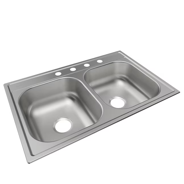 Elkay Dayton Fregadero de cocina empotrable de 33 x 22 pulgadas de acero inoxidable con doble tazón igual y 4 orificios