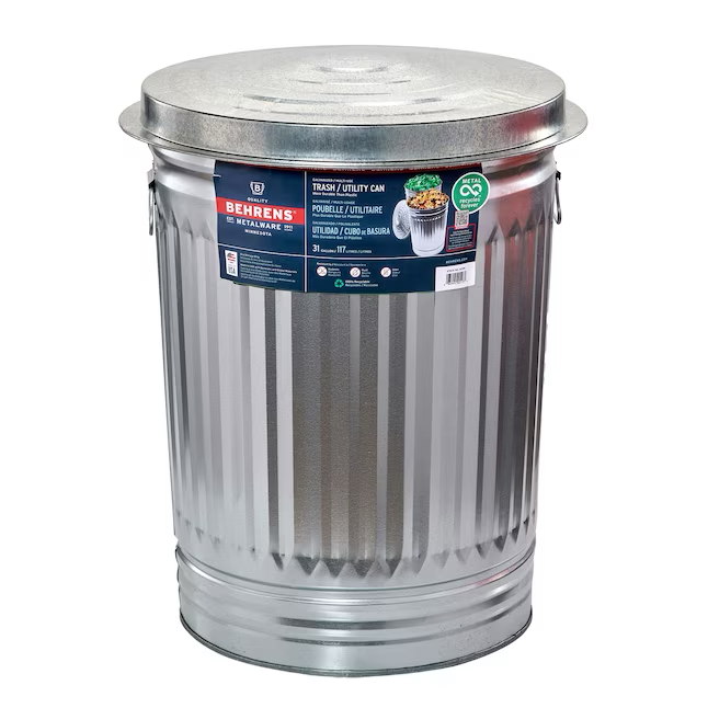 Behrens Bote de basura de cocina de metal galvanizado/plateado de 31 galones con tapa para exteriores