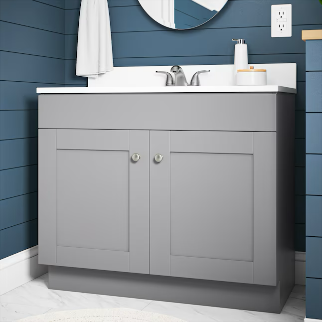 Proyecto Source - Tocador de baño gris de 36 pulgadas con lavabo individual y cubierta de mármol cultivado blanco