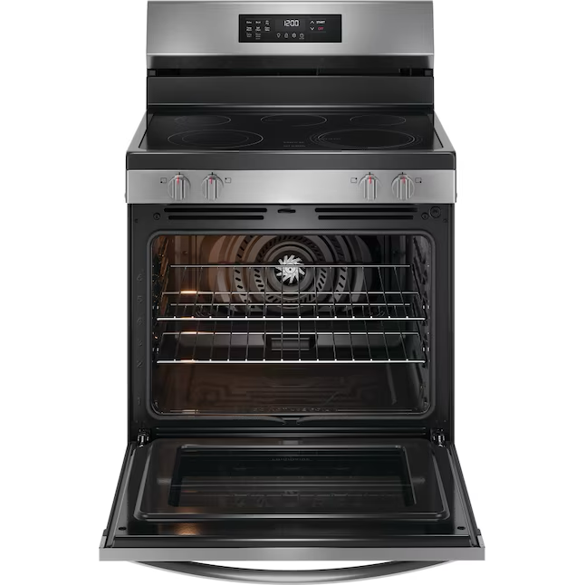 Frigidaire Cocina eléctrica independiente con tapa de vidrio de 30 pulgadas, 5 quemadores, 5.3 pies cúbicos, freidora de aire autolimpiante (acero inoxidable)