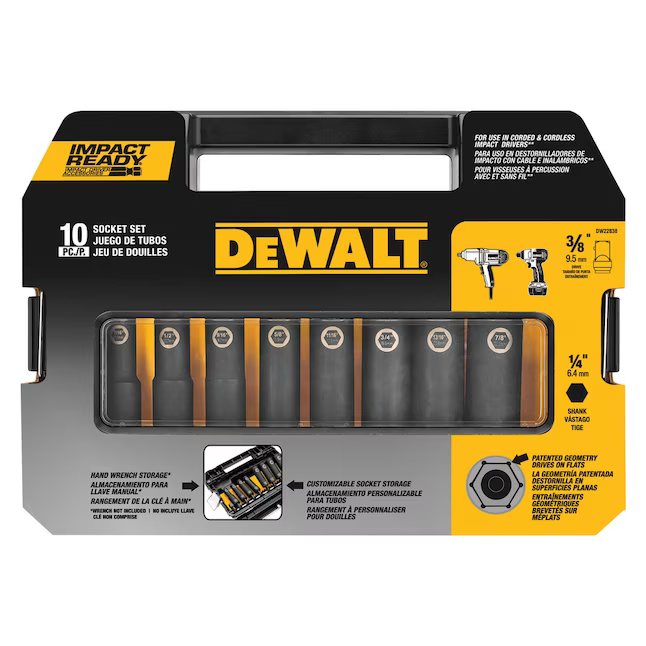 DEWALT Impact Ready, vaso de impacto de 6 puntos estándar (SAE) de 10 piezas con accionamiento de 3/8 pulgadas
