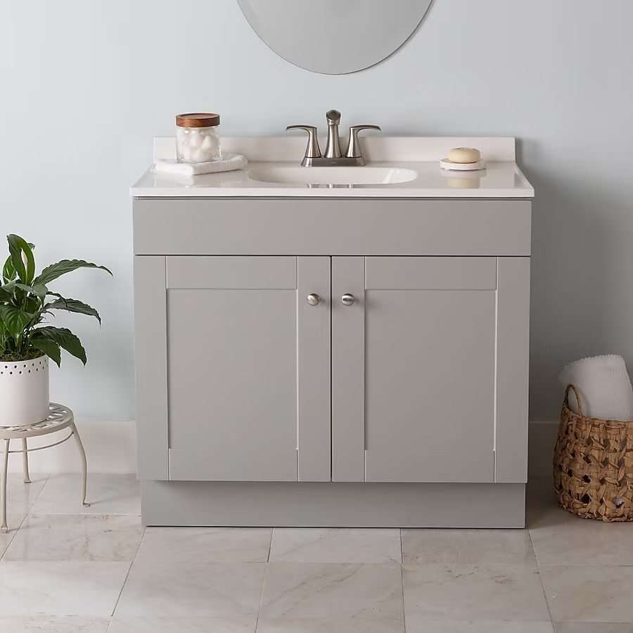 Proyecto Source - Tocador de baño gris de 36 pulgadas con lavabo individual y cubierta de mármol cultivado blanco