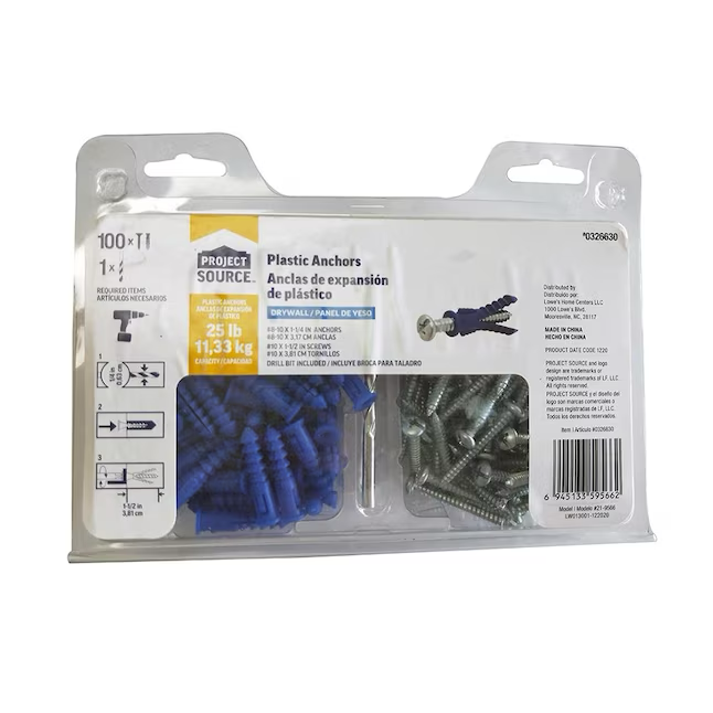 Project Source Anclajes para paneles de yeso de 25 lb, 1/4 x 1-1/4 pulgadas con tornillos incluidos (paquete de 100)