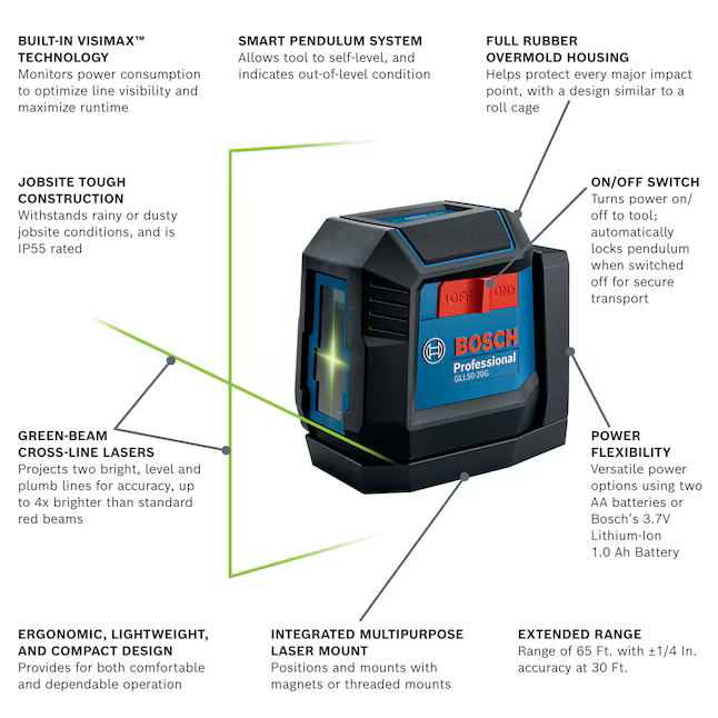 Nivel láser de líneas cruzadas de haz cruzado para interiores y exteriores, autonivelante, de Bosch Green, de 60 pies