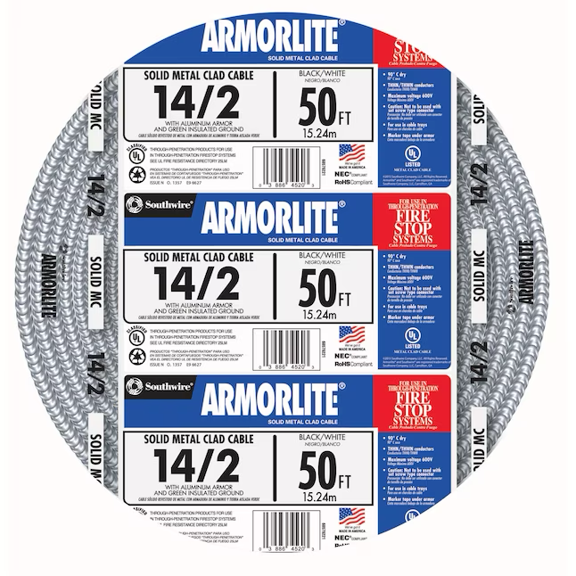 Cable Mc de aluminio sólido 14/2 de 50 pies Armorlite de Southwire 