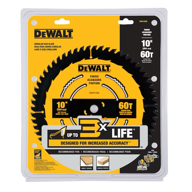 Hojas de sierra DEWALT de gran diámetro, 10 pulgadas, 60 dientes, acabado fino, hoja de sierra de mesa/inglete de acero con punta de carburo de tungsteno