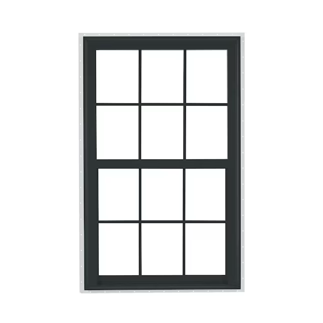 RELIABILT Serie 150 Nueva construcción 35-1/2 pulgadas x 51-1/2 pulgadas x 3-1/4 pulgadas Jamba Vinilo negro Ventana de baja emisividad de una sola hoja con rejillas Media pantalla incluida