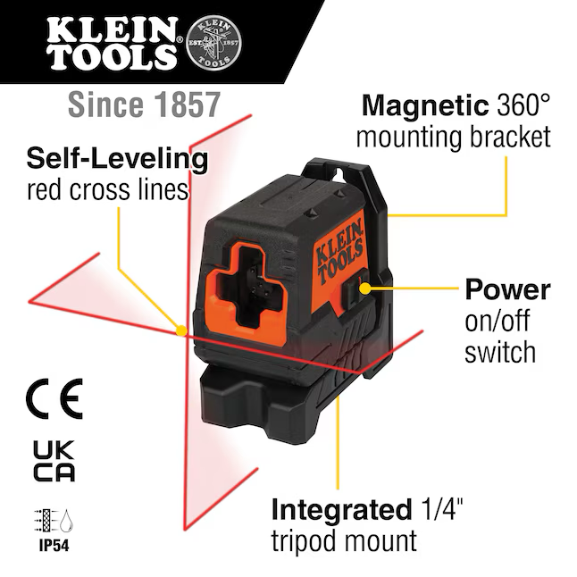 Nivel láser de líneas cruzadas de haz cruzado para interiores, autonivelante, color rojo, de 35 pies, de Klein Tools (accesorios incluidos)