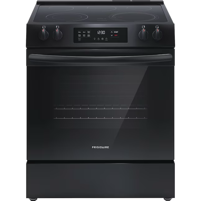 Cocina eléctrica deslizable Frigidaire de 30 pulgadas con cubierta de vidrio, 5 quemadores y 5.3 pies cúbicos (negra)
