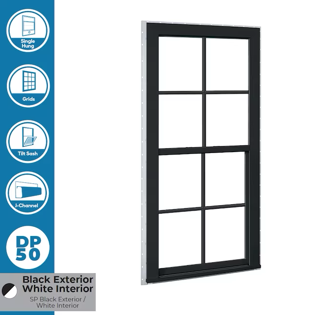 RELIABILT Serie 150 Nueva construcción 35-1/2 pulgadas x 51-1/2 pulgadas x 3-1/4 pulgadas Jamba Vinilo negro Ventana de baja emisividad de una sola hoja con rejillas Media pantalla incluida