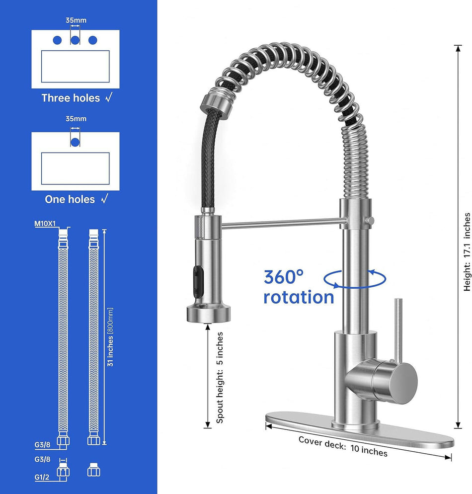 IBOFYY Single Handle Commercial Kitchen Sink Faucet with Multifunctional Pull-Down Spout (Brushed Nickel)