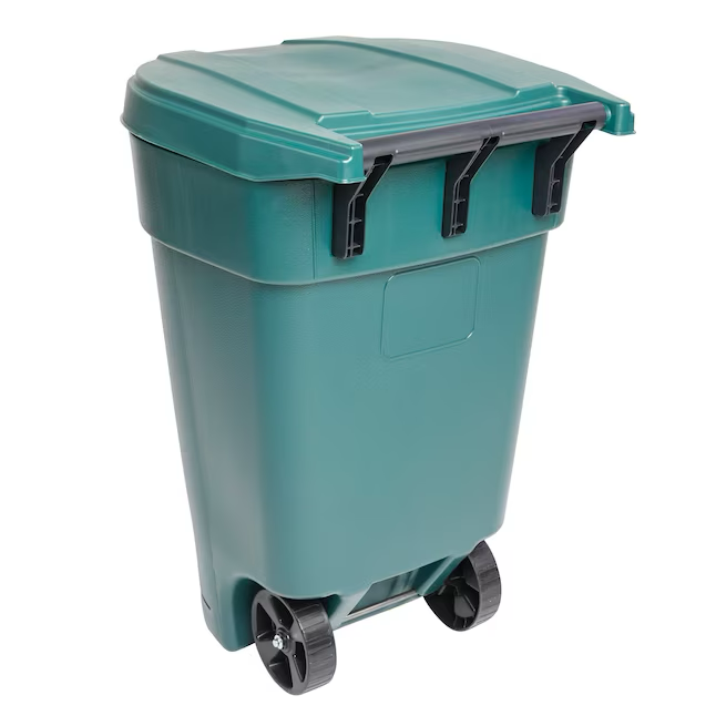 Project Source Bote de basura con ruedas de plástico verde de 50 galones con tapa para exteriores