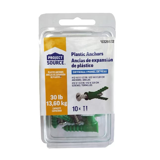 Project Source Anclajes de 30 lb de 1/4 x 1-1/2 pulgadas con tornillos incluidos (paquete de 10)