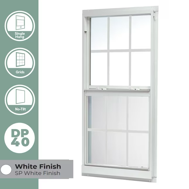 RELIABILT Serie 46000 Nueva construcción Ventana de guillotina de baja emisividad de aluminio blanco de 35-1/2 x 51-1/2 x 2-5/8 pulgadas con rejillas y media pantalla incluida