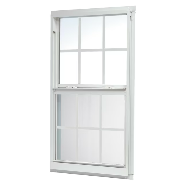 RELIABILT Serie 46000 Nueva construcción Ventana de guillotina de baja emisividad de aluminio blanco de 35-1/2 x 51-1/2 x 2-5/8 pulgadas con rejillas y media pantalla incluida