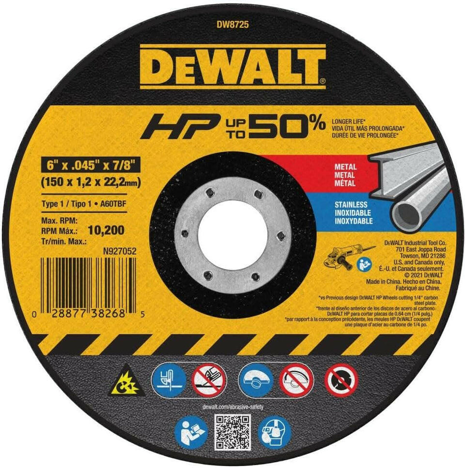 Rueda de corte DeWalt de 6 pulg. x 0,045 pulg. x 7/8 pulg. (DW8725)