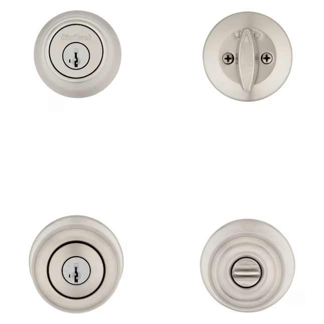 Kwikset Series Cove Smartkey exterior de níquel satinado, cerrojo de seguridad de un solo cilindro, paquete combinado de perillas de puerta con tecnología antimicrobiana