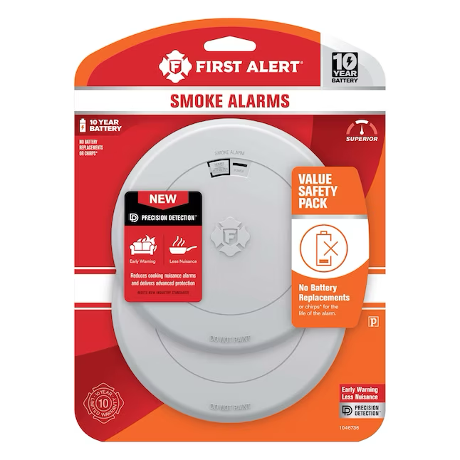 First Alert Batería de 10 años Paquete de 2 detectores de humo con sensor fotoeléctrico que funcionan con baterías 