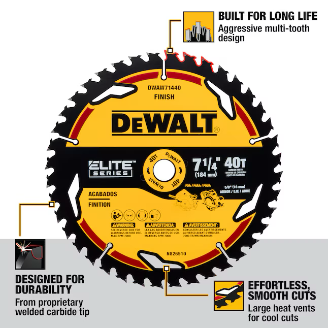 DEWALT ELITE SERIES 7-1/4 Zoll 40-Zahn Feinschliff Kreissägeblatt aus Stahl mit Wolframkarbidspitze