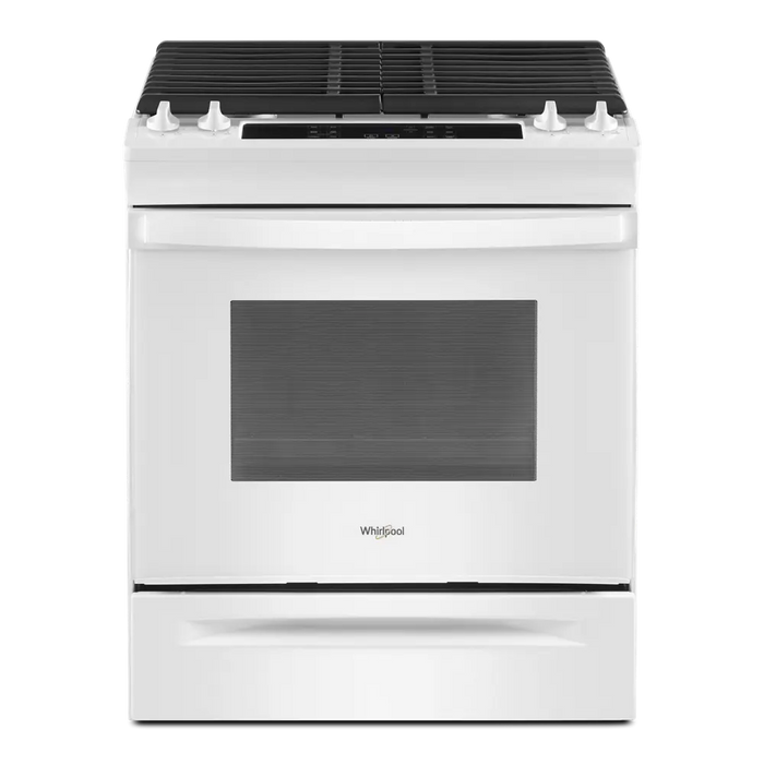 Whirlpool Estufa de gas natural deslizable autolimpiante de 30 pulgadas, 4 quemadores y 5 pies cúbicos (blanca)