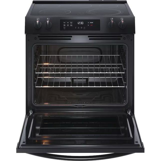 Cocina eléctrica deslizable Frigidaire de 30 pulgadas con cubierta de vidrio, 5 quemadores y 5.3 pies cúbicos (negra)