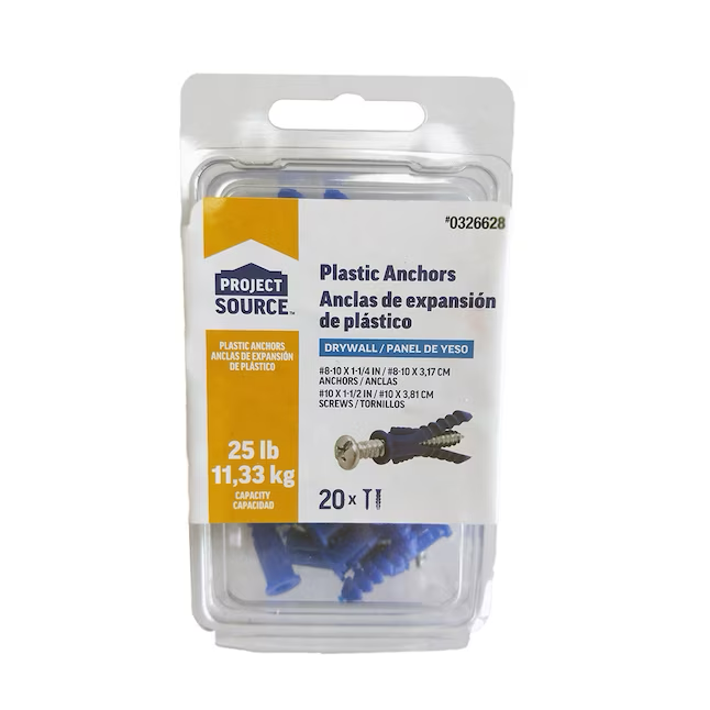 Project Source Anclajes para paneles de yeso de 25 libras, 3/16 pulgadas x 1-1/2 pulgadas con tornillos incluidos (paquete de 20)