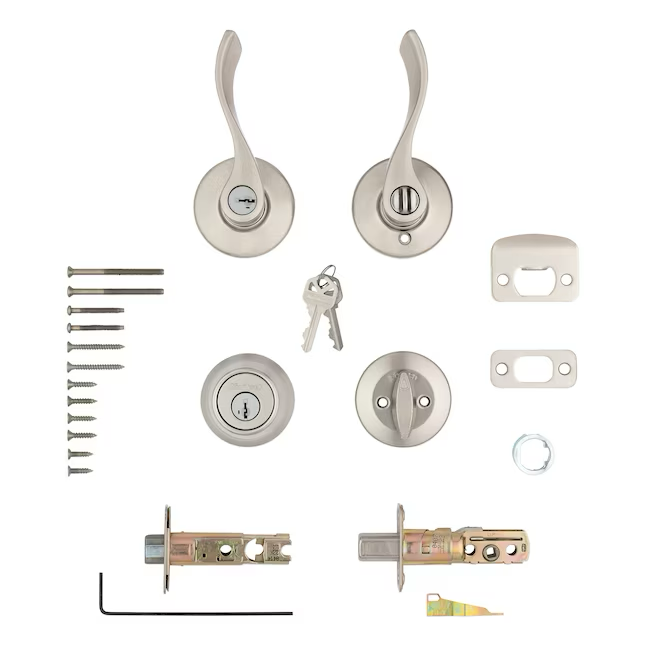 Manija de puerta de entrada con llave exterior con cerrojo de un solo cilindro, níquel satinado, serie Kwikset, con paquete combinado de llave inteligente