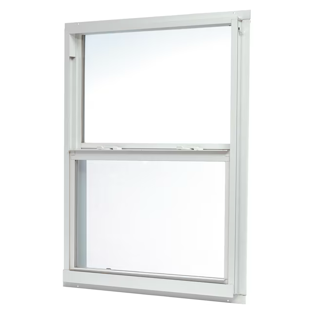 RELIABILT Serie 46000 Nueva construcción 31-1/2 pulgadas x 35-1/2 pulgadas x 2-5/8 pulgadas Jamba Aluminio blanco Low-e Ventana de suspensión simple Media pantalla incluida
