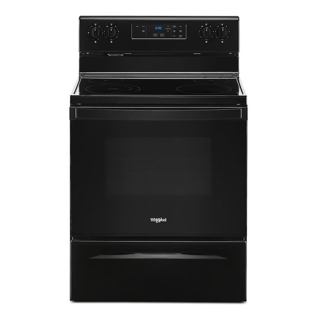 Whirlpool Cocina eléctrica independiente de 30 pulgadas con tapa de vidrio, 4 quemadores y 5.3 pies cúbicos (negra)