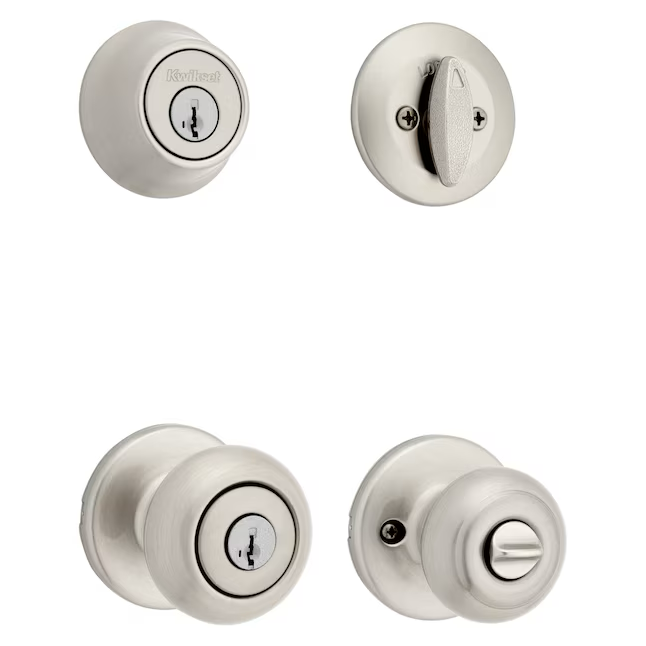 Kwikset Series Cove Smartkey exterior de níquel satinado, cerrojo de seguridad de un solo cilindro, paquete combinado de perillas de puerta con tecnología antimicrobiana