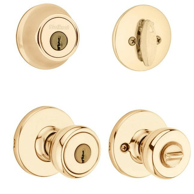 Kwikset Security Tylo Polished Brass Exterior Single-cylinder deadbolt Keyed Entry Door Knob Combo Pack with Antimicrobial Technology