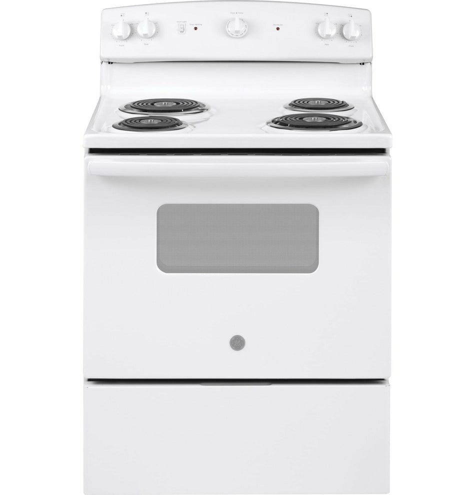 Estufa eléctrica independiente GE de 30 pulgadas, 4 elementos, 5 pies cúbicos (blanco)